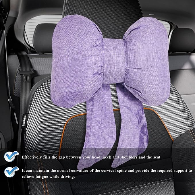 Bow Car Headrest Pillow, Breathable Ergonomic Auto Neck Cushion with Adjustable Strap, Comfy Vehicle Neck Support Pillow Cute Bow Girl-Style Decoration for Driving Seats (Purple)