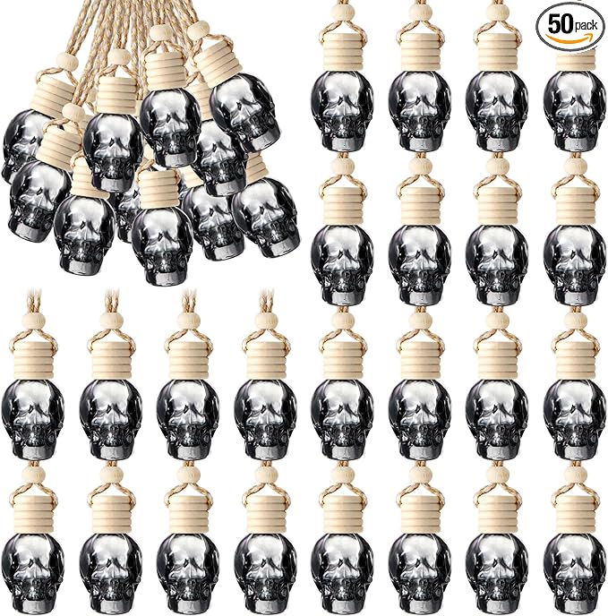 BBTO 50 Pcs Hanging Car Air Freshener Black Car Diffuser Bottles Empty Glass Perfume Bottle Freshener Diffuser Bottles Pendant for Essential Oil Fragrance Aromatherapy Ornament(Skeleton)