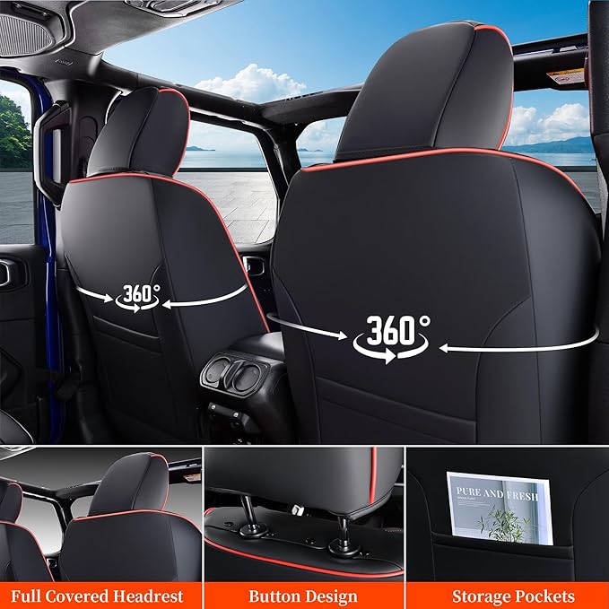 Coverado JK Seat Covers for Jeep Wrangler, Custom Fit for Pickup Truck Jeep Wrangler Seat Covers 2/4 Door, Waterproof Leather Car Seat Covers Cushions for Jeep Wrangler Accessories 2013-2017(Red Line)