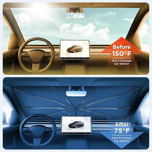 2026 Upgraded Windshield Sun Shade Umbrella [7-Layer Vinyl Coating Heat Shield] Foldable Front Window Sunshade Umbrella Flexible Handle Protect Interior from UV Keep Car Cooler (57" x 31")