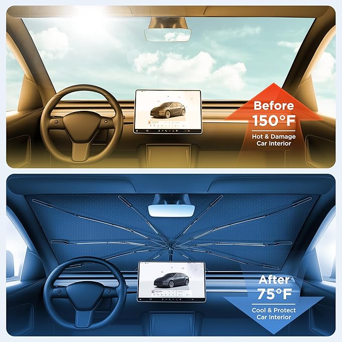 2026 for Tesla Model Y Model 3 Windshield Sun Shade Umbrella [7-Layer Vinyl Coating Heat Shield] Foldable Front Window Sunshade Umbrella Protect Interior from UV Keep Car Cooler(56" x 35")