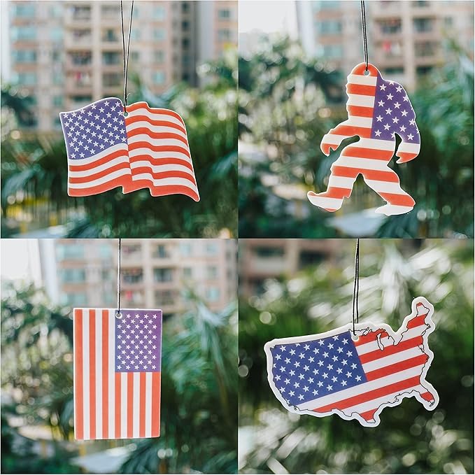 Pounchi American Flag Car Air Freshener Cards (4 Pack Refreshing Ice Scent) Funny Accessories for Car Interior Hanging Gift Rearview Pendant Supplies