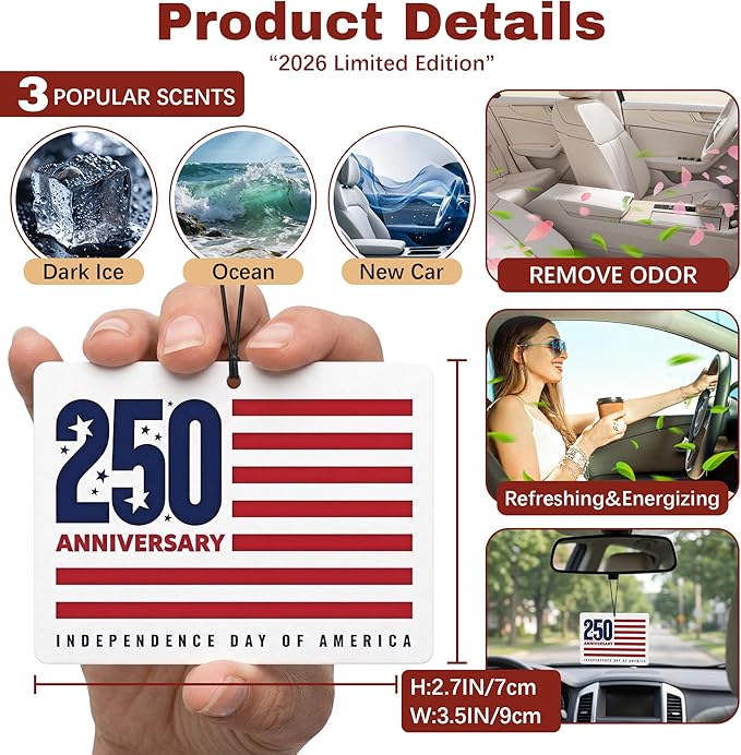 9Pcs USA 250th Anniversary Car Air Freshener, 1776-2026 Semiquincentennial Commemorative Hanging Ornament, Patriotic Double-Sided Scented Tablet, 2026 Independence Day Souvenir Gifts (Style 3)