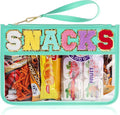 Snack Bag for Travel - Clear Chenille Varsity Letter Flat Pouch with Zipper, 12.2×8.46 inch Waterproof Clear Nylon Preppy Patch Makeup Cosmetic tote Bags for Women Girls