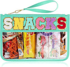 Snack Bag for Travel - Clear Chenille Varsity Letter Flat Pouch with Zipper, 12.2×8.46 inch Waterproof Clear Nylon Preppy Patch Makeup Cosmetic tote Bags for Women Girls