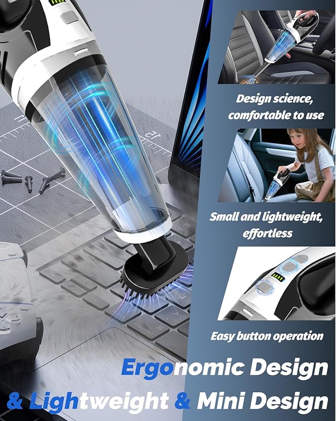 BRL Handheld Vacuum Cordless, Car Vacuum Cleaner with Powerful Suction, 2 Modes Mini Hand Vacuum, Dry & Wet, LED Light, Portable Vacuum for Car Pet Hair, Home, Office, Keyboards White Sliver