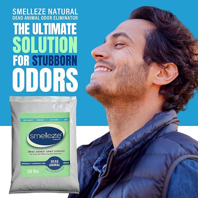 SMELLEZE Dead Animal Odor Eliminator for Strong Odor Removal - Eliminate Dead Rodent & Wildlife Smell - Safe Indoor & Outdoor Use, Natural Odor Remover, Fresh & Effective - Powder, 50 lbs.