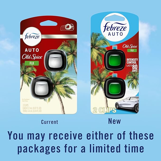 Febreze Car Air Freshener Vent Clip Old Spice Fiji Scent, .07 oz. Car Vent Clip, Pack of 4