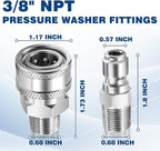 3/8 Inch NPT Pressure Washer Adapter Set, 12-Piece Stainless Steel External Thread Quick Connector Kit - 3/8" NPT Male Thread Quick Connect Hose Fittings, 5000 PSI