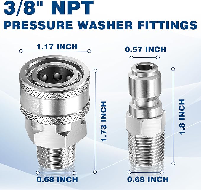 3/8 Inch NPT Pressure Washer Adapter Set, 12-Piece Stainless Steel External Thread Quick Connector Kit - 3/8" NPT Male Thread Quick Connect Hose Fittings, 5000 PSI