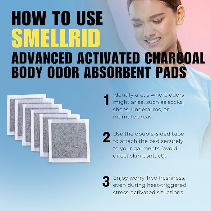 SMELLRID Activated Charcoal Odor Absorbent Pads – 12 Unscented Adhesive (4"x4") Charcoal Pads for Body Odor, Shoes, Underwear & On-the-Go Eliminator