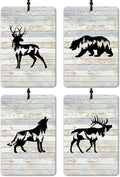Rustic Animal Mountain Car Air Freshener 4 Pcs, Vintage Deer Bear Wolf Elk Mountain Air Freshener Hanging for Cars Books Closet Drawer, Animal Lover Gifts Car Accessories for Women Men
