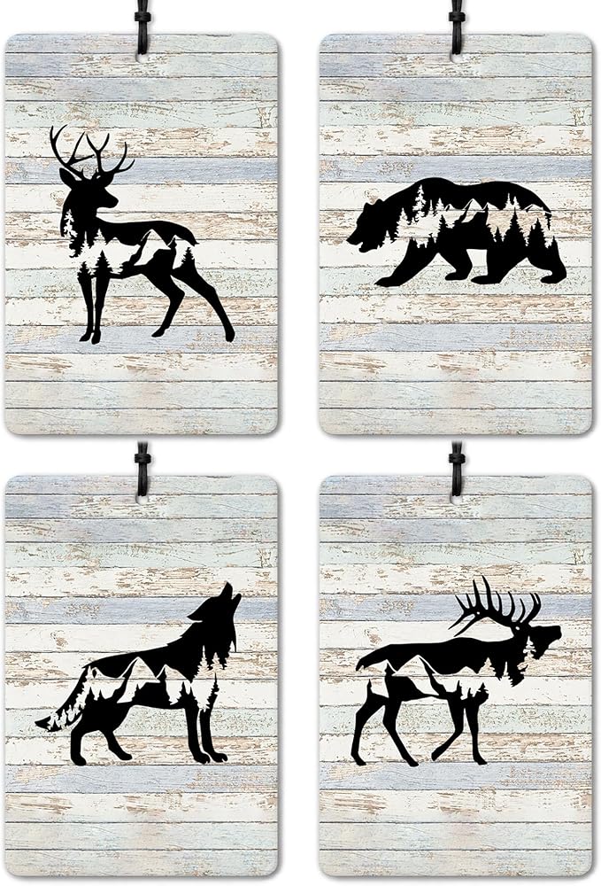 Rustic Animal Mountain Car Air Freshener 4 Pcs, Vintage Deer Bear Wolf Elk Mountain Air Freshener Hanging for Cars Books Closet Drawer, Animal Lover Gifts Car Accessories for Women Men