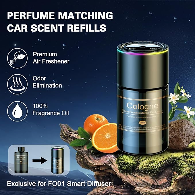 Smart Car Air Freshener, CarDiffuser with 6.09 Fl Oz /180ml Capacity Essential Oil Last 9 Months Fragrance, 5s Full-Car Fragrance, Adjustable Intensity, Auto On/Off, Women & Men for Velvet Cologne