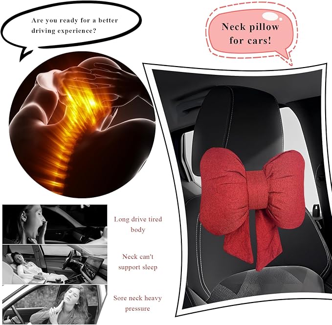 Bow Car Headrest Pillow, Breathable Ergonomic Auto Neck Cushion with Adjustable Strap, Comfy Vehicle Neck Support Pillow Cute Bow Girl-Style Decoration for Driving Seats (Red)