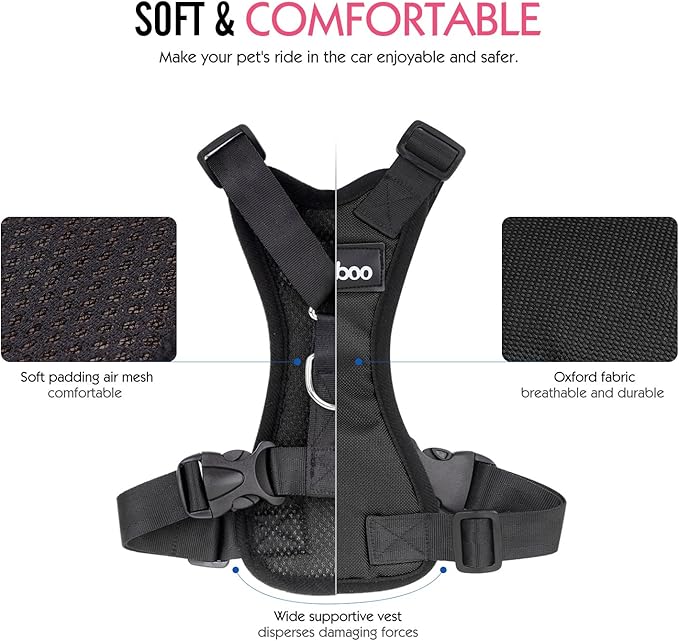 Pawaboo Breathable Dog Seat Belt Harness for Car, Adjustable Dog Safety Vest Harness with Vehicle Connector Strap, M, Black + Silver