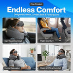 4-in-1 Travel Comfort Set Inflatable Neck Pillow, Convertible Lumbar Support & Foot Hammock, 3D Sleep Mask & Ear Plugs Complete Comfort Kit for Airplane, Office & Car Gift-Ready (Gray)