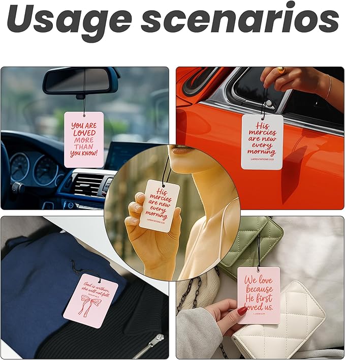 Coquette Pink Cute Christian Car Air Freshener 4 Pcs - Girly Pink Bow Religious Hanging Air Freshener 4 Pcs for Cars Closet Drawer Books, Cute Christian Accessories Mirror Gifts for Women Girls