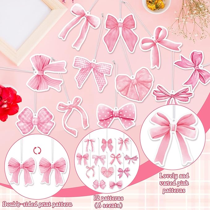 ANGOLIO Pink Bow Car Fresheners Valentine's Day Gifts 12Pcs Scented Hanging Oil Bow Air Freshener Hanging Ornaments Paper Pendant Scented Diffuser for Car Interior Accessories Home Office Wall Decor