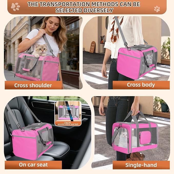 Cat Carrier for Large Cats up to 20 Lbs,Soft-Sided Pet Carrier for Large and Medium Cats, Small Dogs,Puppies,Collapsible Dog Carrier Travel Bag with 2 Storage Bags,4 Mesh Windows (Pink, Medium)