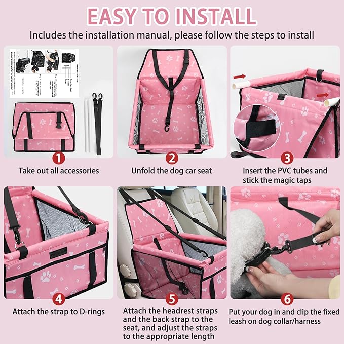 PetsHome Dog Car Seat Foldable Dog Car Booster Seat Waterproof Breathable Oxford Travel Bag for Small to Medium Dogs, Puppies, and Pets-Pattern Pink