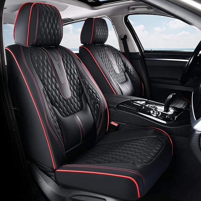 Coverado Front Seat Covers, Car Seat Covers Front Seats, Nappa Leather Seat Covers for Cars, Waterproof Seat Covers with Lumbar Support Universal Fit for Most Cars SUV Trucks (Front, Black-Red line)