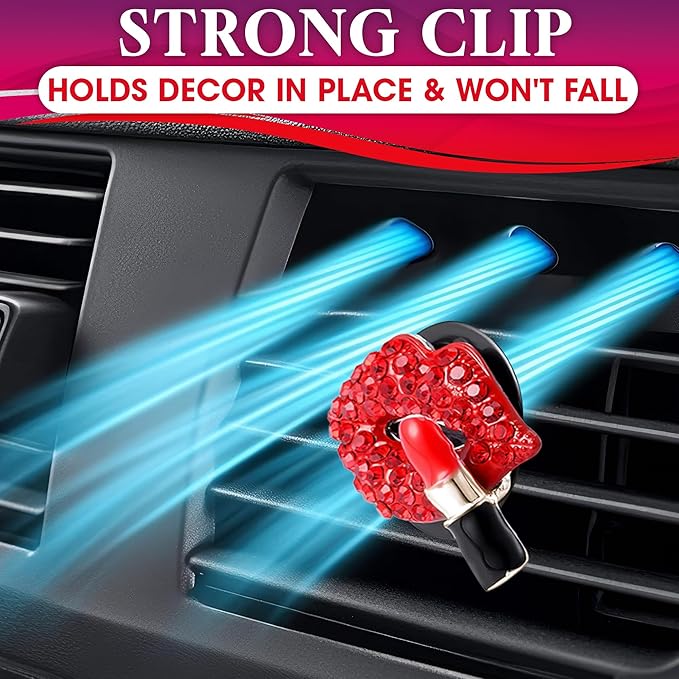 Bling Car Decor Auto Air Vent Clip Charms, Crystal Interior Car Accessory, Auto Decoration Charms, Car Bling Accessories (Red Kiss Lips)