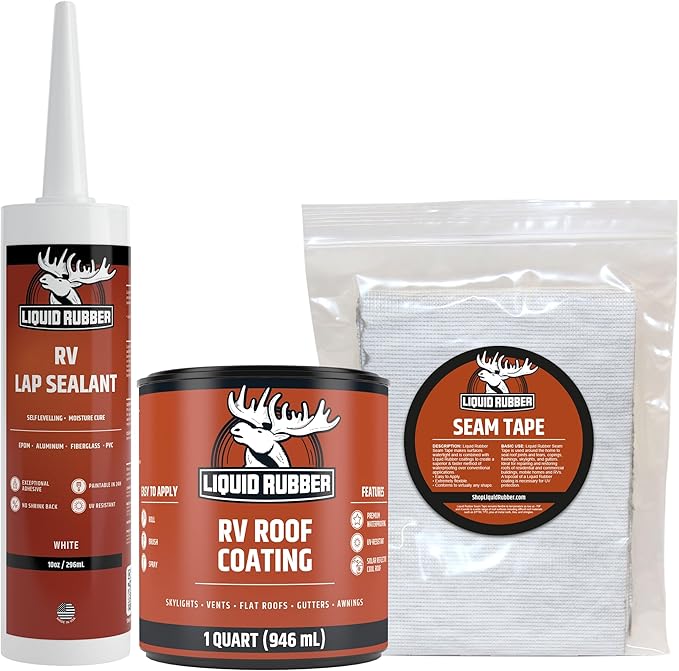 Liquid Rubber RV Roof Coating Solar Reflective Waterproof Trailer Repair Kit Includes: RV Sealer 1 Quart, Seam Tape - 4"x12.5', 1 Tube RV Lap Sealant