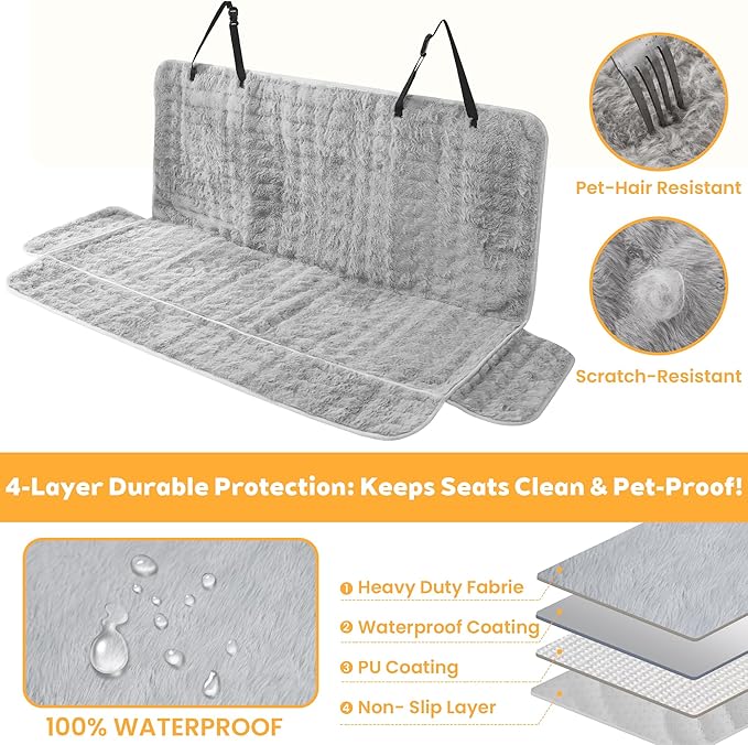 Dog Car Seat Cover for Back Seat & Front Seat, Plush Faux Fur Pet Car Seat Protector with Waterproof Layer, Non-Slip Bottom, Side Flaps, Machine Washable (Back Seat Gray)