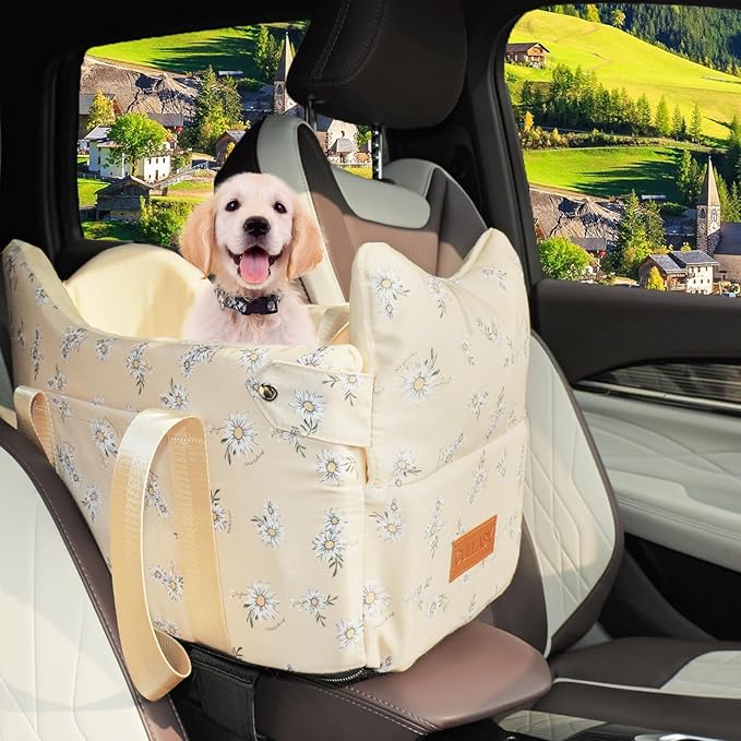 Cullaby Center Console Small Dog Car Seat Portable Puppy Booster Armrest Carseat, Anti-Collapse Comfort Car Travel with Washable Fluffy Cushion and Pillow (Yellow, Extar Small armrest lid)