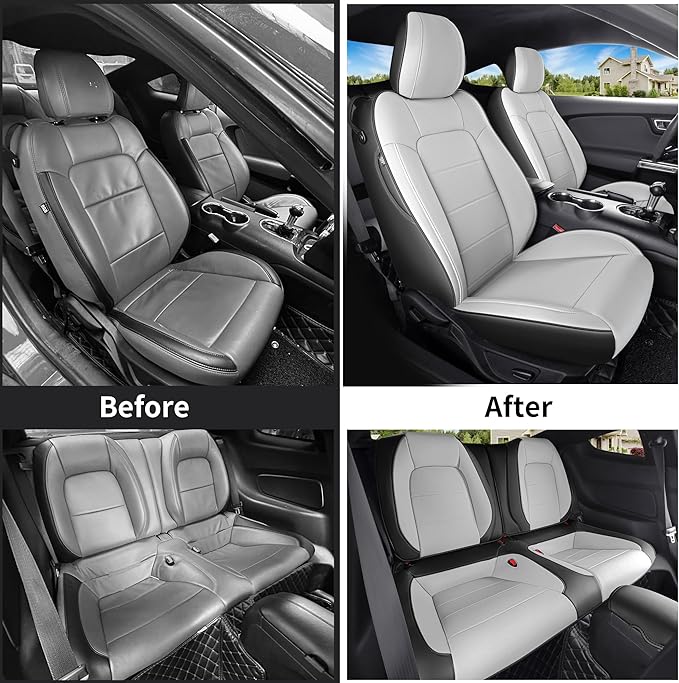 Customized Fit Ford Mustang Coupe Hardtop 2015-2026 Waterproof Leather Car Seat Cover 10PCS (M-Gray&Black)