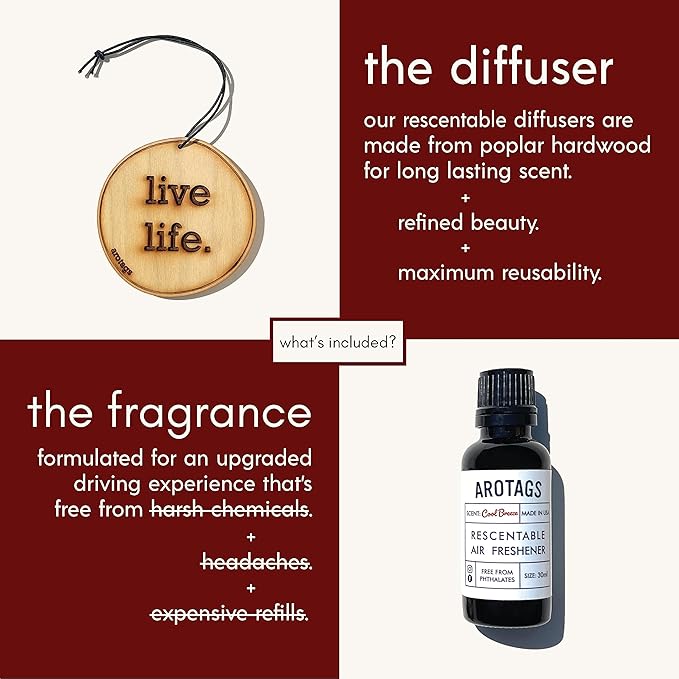 Arotags Wooden Car Air Freshener - Long Lasting Backwoods Birch Scent Diffuses for 365+ Days - Includes Live Life Hanging Mirror Diffuser and Fragrance Oil - 100% American Made