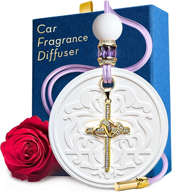 Luxury Car Air Freshener for Women - Refillable & Portable Essential Oil Fragrance Diffuser - Cute Car Accessories & Interior Decor - Mirror Hanging or Vent Clips - Two Hearts Cross Charm, Rose Scent