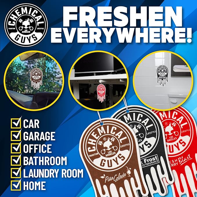 Chemical Guys Hanging Air Freshener, Variety Scent Pack 6 Pack, Great for Cars, Trucks, SUVs, RVs, Home, Garage, Workspace, Dorm Room & More (2 x 3 Packs, Black Frost, Cherry, Pina Colada) - AIR40402