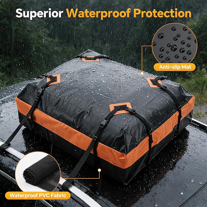 NEWBULIG Car Rooftop Cargo Carrier Bag, 15.1 Cubic Feet Duty Waterproof Bag for All Vehicles with/Without Racks. Includes Anti-Slip Mat, Reinforced Straps, 6 Door Hooks, Storage Bag & Luggage Lock.