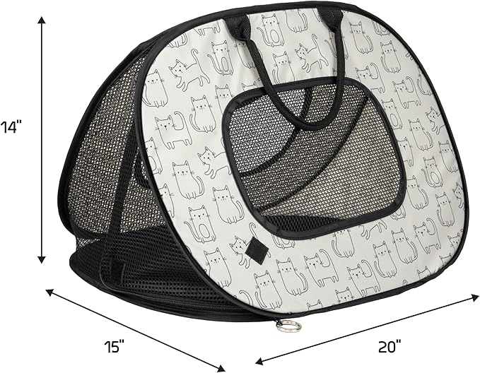 SportPet Designs Pop Open Cat Carrier, Soft-Sided Collapsible Travel Carrier for Cats up to 15 lbs, Lightweight Portable Design with Mesh Ventilation & Secure Zippers, Cat Print