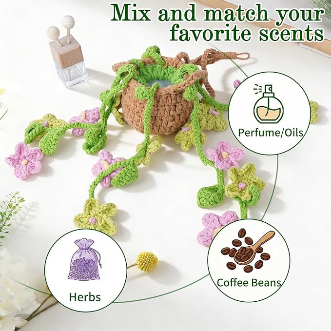 Crochet Car Air Freshener, 8ml Empty Refillable Oil Diffuser Bottle with Hanging Crochet Pink Daisie Plant & Hanging Tools, Car Rearview Mirror Diffuser for Wall Art & Home & Office Decoration