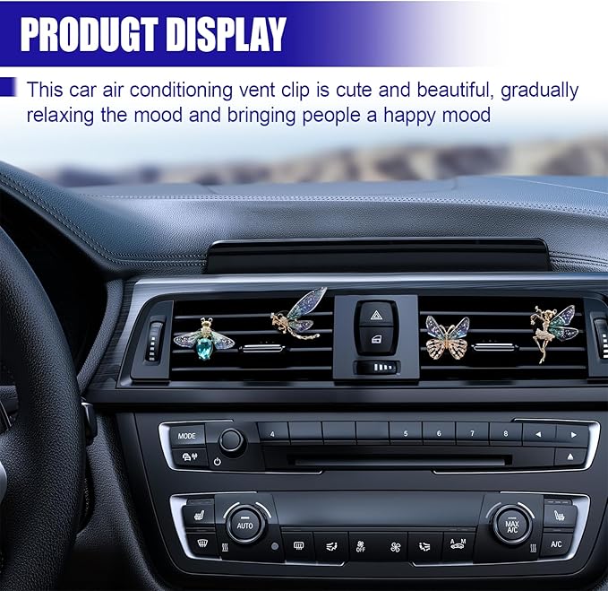 4PCS Bling Car Dashboard Air Vent Trim Clips, Sparkly Rhinestone Car Air Freshener Diffuser Clip, Cute Auto Interior Decoration Accessories for Women Present (Blue)
