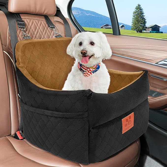 Dog Car Seat for Small/Medium Dogs, Dog Booster Car Seats with Thick Cushion for Dogs Under 35lbs, Detachable Washable Pet Carseat with Storage Pockets, 2 Safety Belts(Black/Coffee)