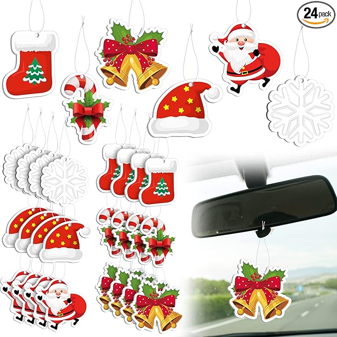 Tallew 24 Pcs Christmas Air Fresheners Bulk Snowflake Candy Cane Snowman Deer Christmas Scented Ornaments Xmas Scented Hanging Ornament for Car Rearview Mirror Accessories