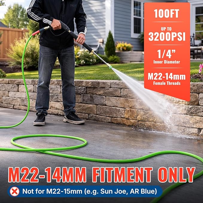 YAMATIC Upgraded Flexible Pressure Washer Hose 100FT 1/4", 3200 PSI Non-Kink Replacement with M22-14mm & 3/8" Quick Connect Adapters, Extension for Gas Power Washer Troy-Bilt Ryobi Honda Craftsman