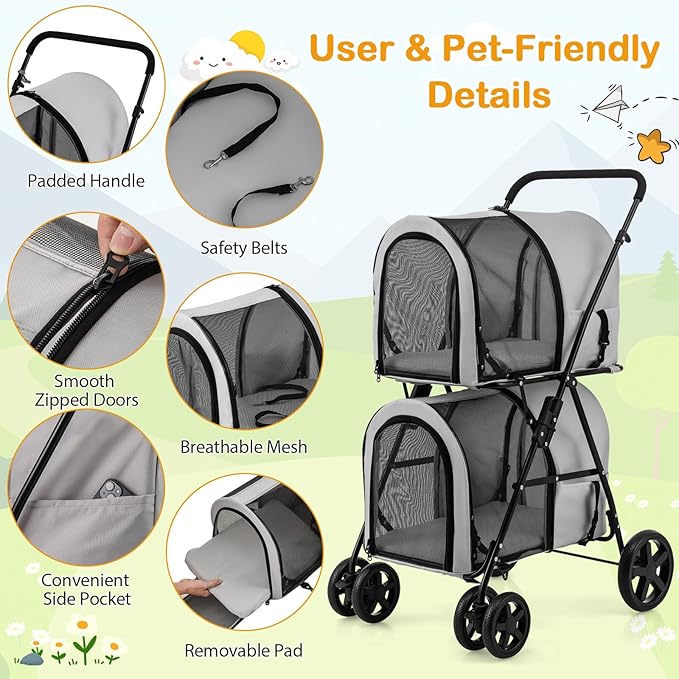 Giantex Double Pet Stroller with 2 Detachable Carrier Bags, Safety Belt, 4 Lockable Wheels, Folding Cat & Dog Stroller for Small Medium Pets, Cats Dogs Puppy Travel Strolling Cart (Gray)