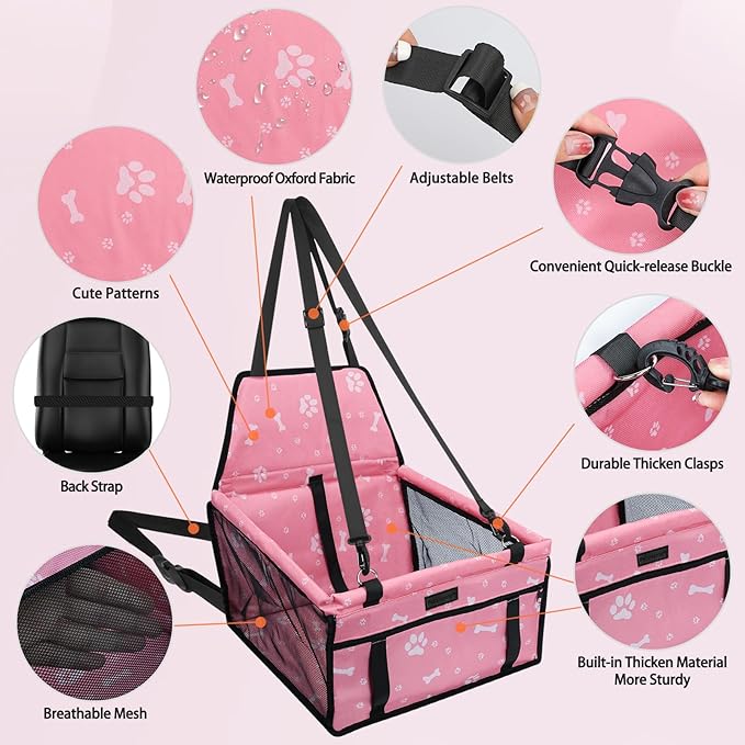 PetsHome Dog Car Seat Foldable Dog Car Booster Seat Waterproof Breathable Oxford Travel Bag for Small to Medium Dogs, Puppies, and Pets-Pattern Pink