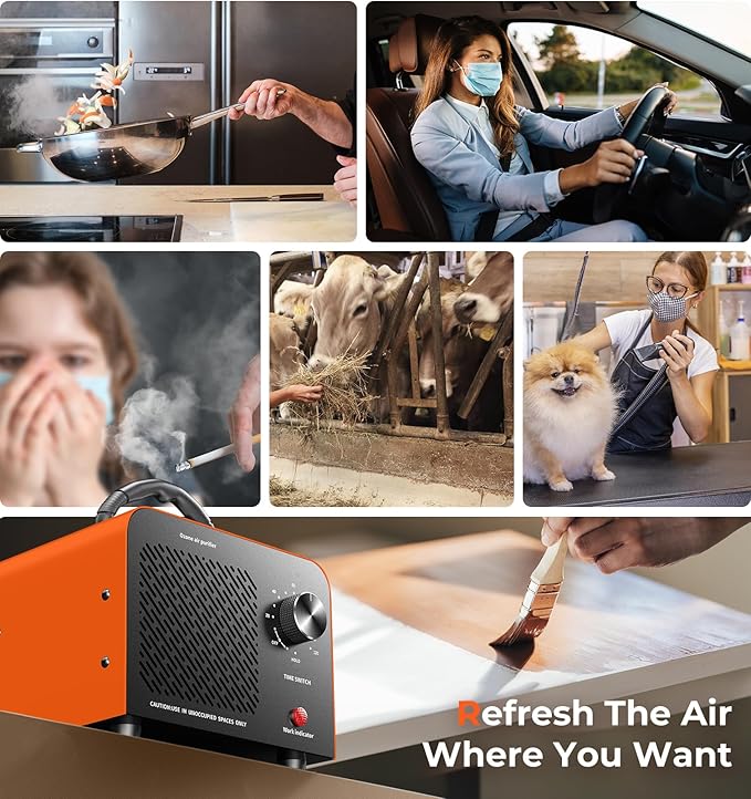 Ozone Generator, 48,000mg/h High Capacity O3 Machine for Large Spaces Up to 4,000 Sq Ft, Portable Odor Eliminator for Car, Home, Basement, Smoke, Pets, and Commercial Use, Orange