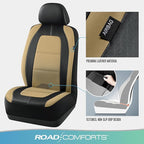 Road Comforts Car Seat Cover, Leather Car Seat Covers, Front Low Back Sport Seat Covers, Airbag Compatible, Universal Fits for Most Cars (Beige)