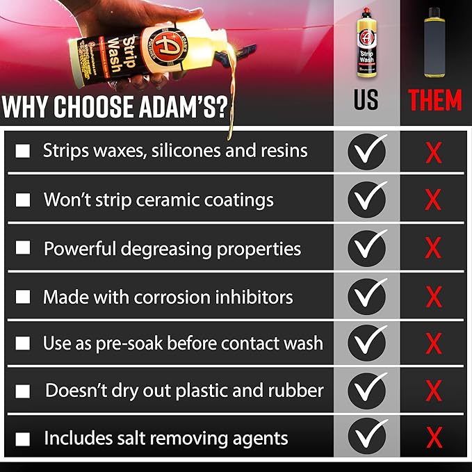 Adam's Polishes Strip Car Wash Soap (16 oz) - Sealant & Wax Remover Shampoo Salt Remover, Presoak, & Acidic Wash | Thick Suds For Use Cleaning Kit, Foam Cannon, Foam Gun, Sponge, Mitt, Chamois