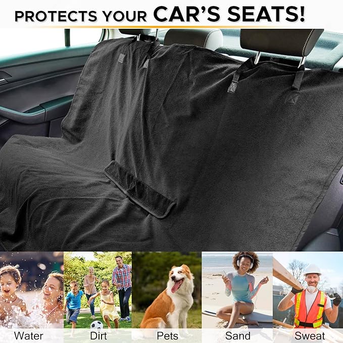 Back Seat Cover Waterpoof Rear Bench Towel Seat Cover for Gym Swimming Surfing Running, Non-Slip Rear Seat Protector Universal Fits Most Auto Truck Van and SUV (Bench Black)