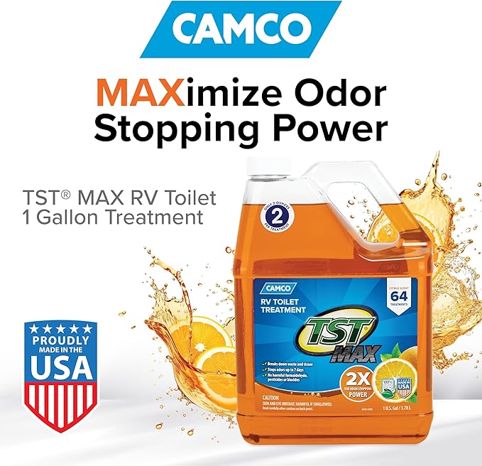Camco TST MAX RV Toilet Treatment 1-Gallon - Control Unwanted RV Sewer Odors & Break Down Waste and RV Toilet Paper - Biodegradable Septic Safe Formula - Orange Scent (41173)