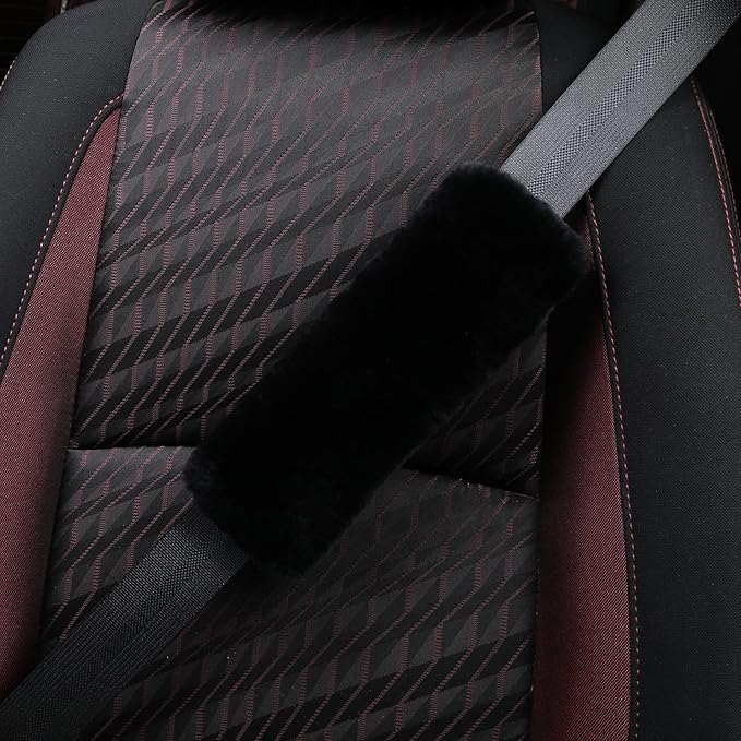 Soft & Cozy Australian Sheepskin Car Seat Belt Covers,2 Pack Fluffy Seatbelt Pads, Genunie Sheepskin Fur Shoulder Straps Cushions for Adults Kids Women and Men (Black)