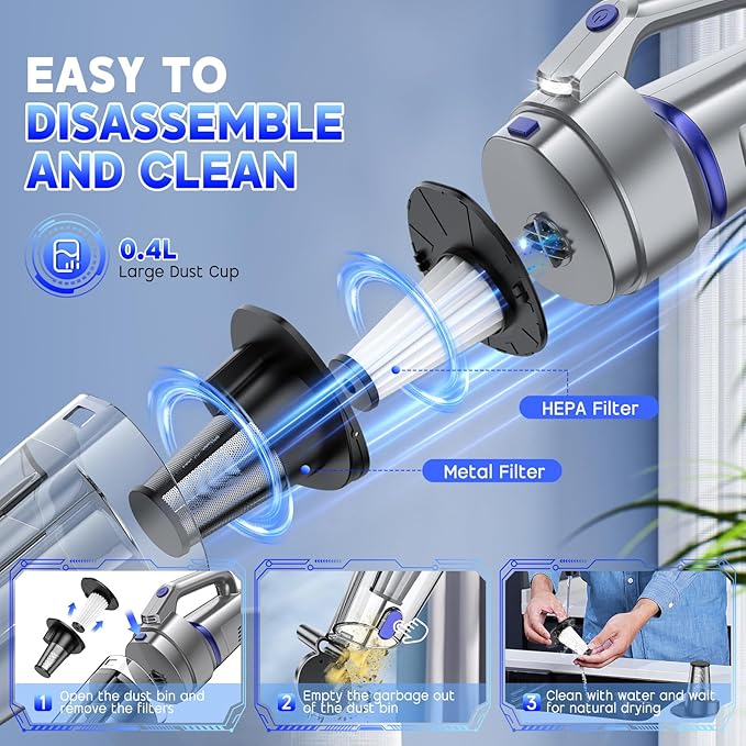 Handheld Vacuum Cordless, 16000PA Strong Suction Hand Held Car Vacuum Cleaner, Portable Hand Vacuum Rechargeable with Multi-Nozzles & LED Light for Home, Car, Office, Pets